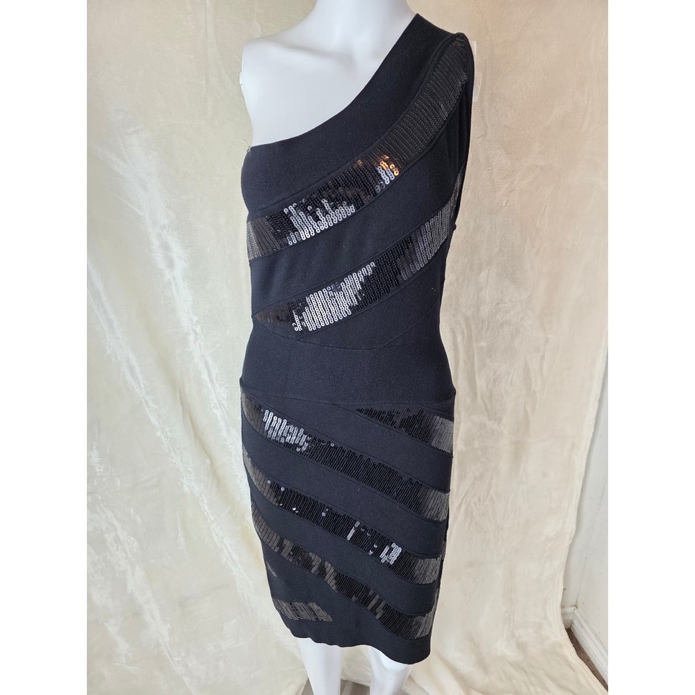Vintage Black One Shoulder Sequin Bandage Bodycon Cocktail Dress Size L